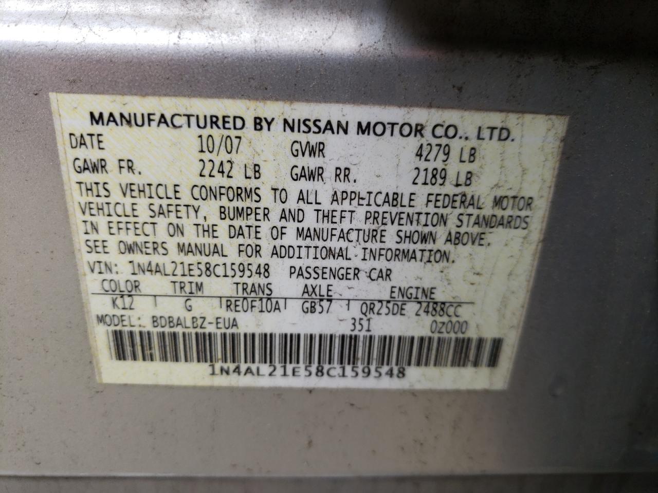 Photo 10 from auction – 2008 NISSAN ALTIMA 2.5 with VIN 1N4AL21E58C159548