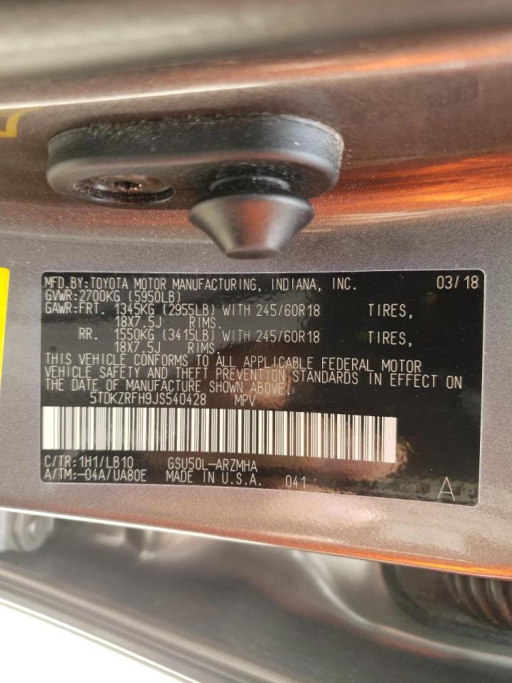 Photo 10 from auction – 2018 TOYOTA HIGHLANDER with VIN 5TDKZRFH9JS540428