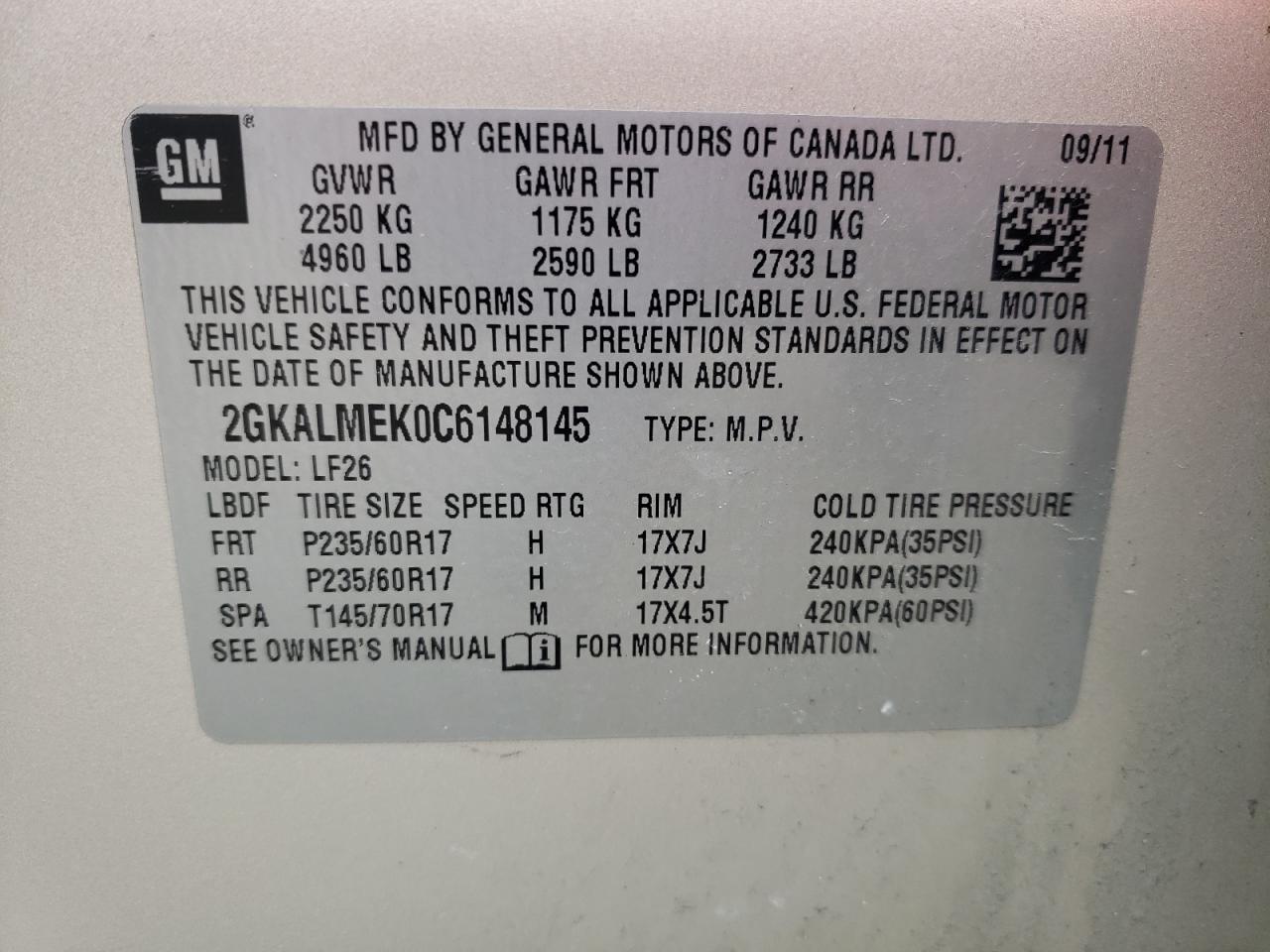 Photo 10 from auction – 2012 GMC TERRAIN SL with VIN 2GKALMEK0C6148145