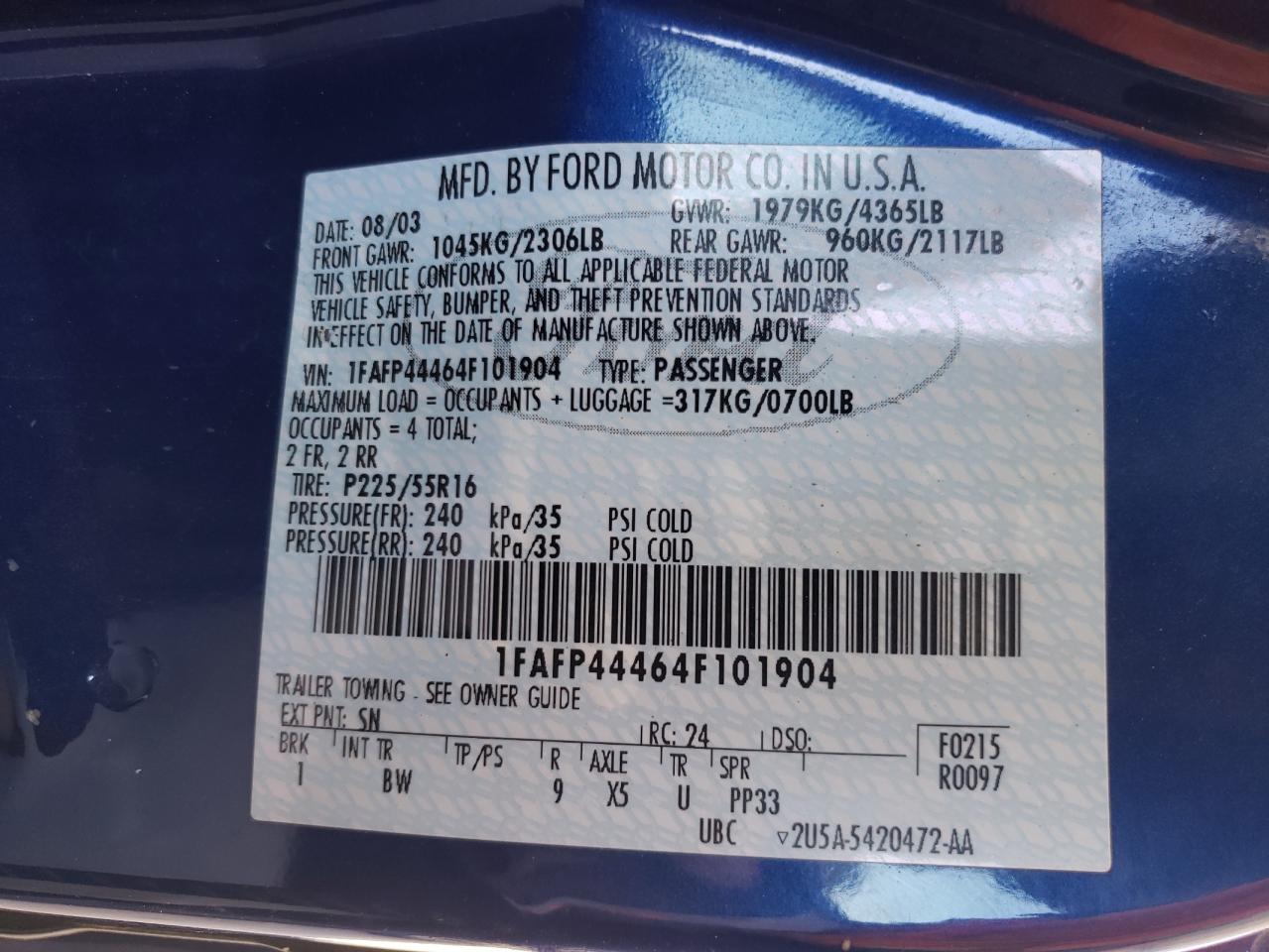 Photo 10 from auction – 2004 FORD MUSTANG with VIN 1FAFP44464F101904