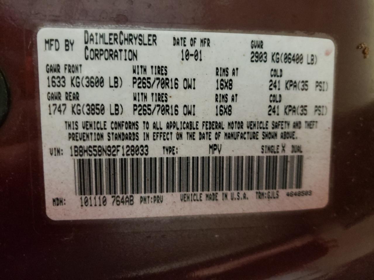 Photo 10 from auction – 2002 DODGE DURANGO SL with VIN 1B8HS58N92F128033