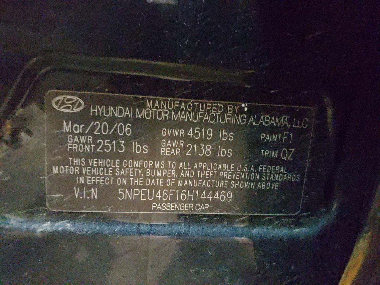 Photo 10 from auction – 2006 HYUNDAI SONATA GL with VIN 5NPEU46F16H144469