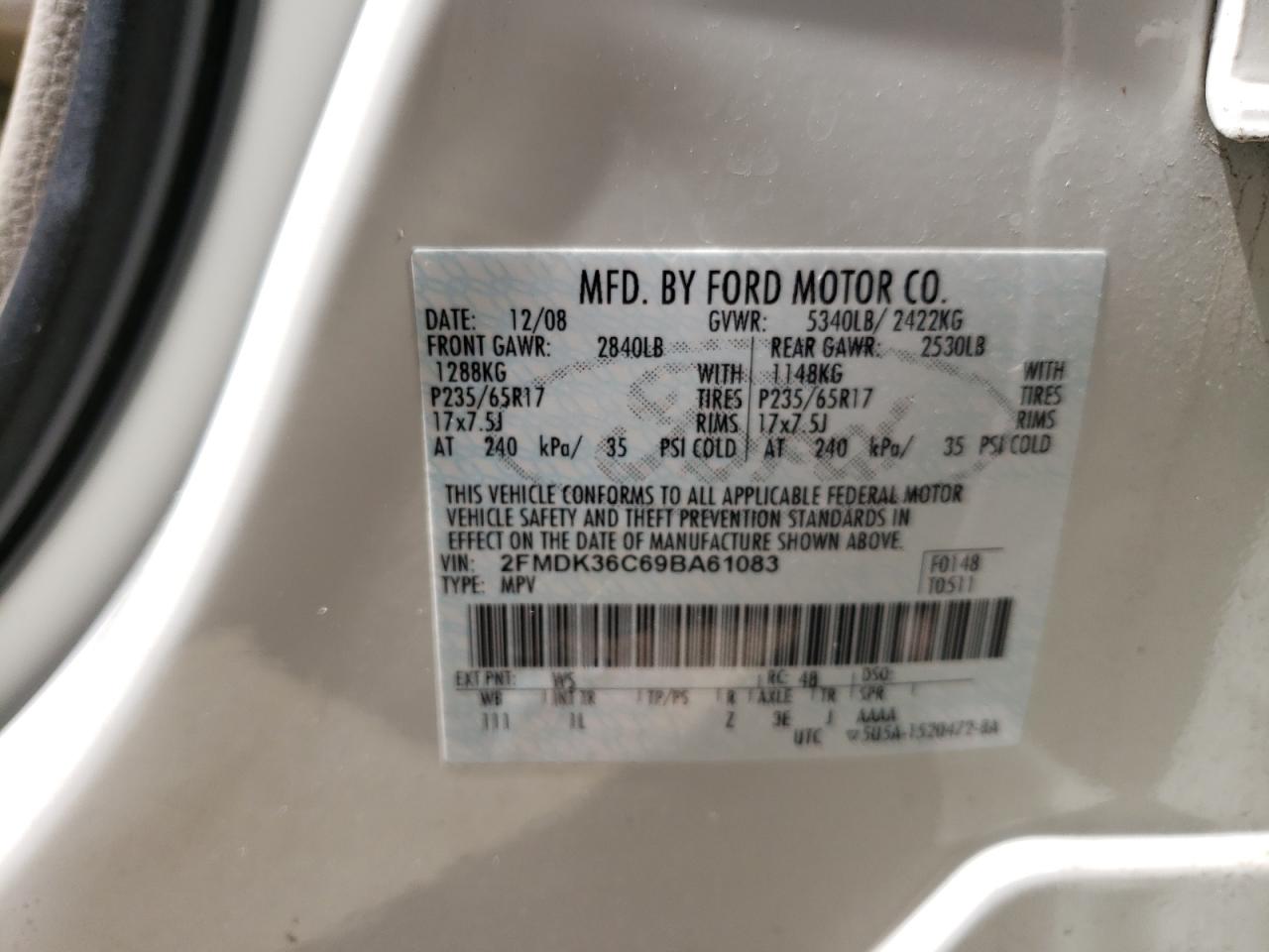 Photo 10 from auction – 2009 FORD EDGE SE with VIN 2FMDK36C69BA61083