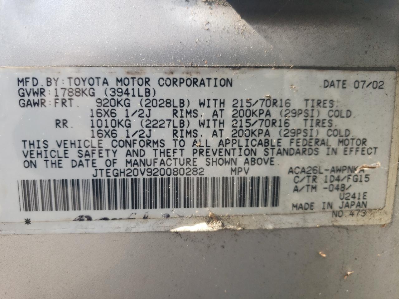 Foto 10 de la subasta – 2002 TOYOTA RAV4 con VIN JTEGH20V920080282