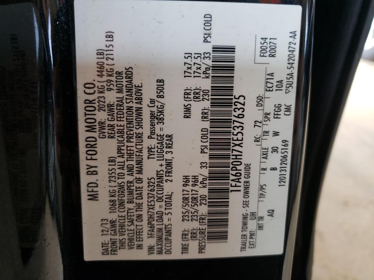 Photo 10 from auction – 2014 FORD FUSION SE with VIN 1FA6P0H7XE5376325