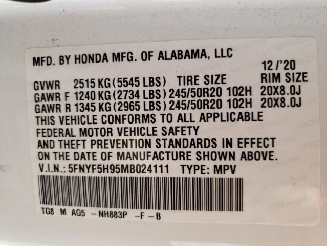 Photo 10 from auction – 2021 HONDA PILOT TOUR with VIN 5FNYF5H95MB024111