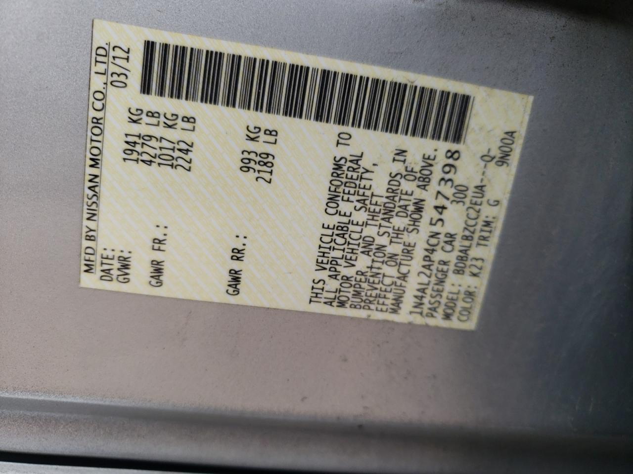 Photo 10 from auction – 2012 NISSAN ALTIMA BAS with VIN 1N4AL2AP4CN547398