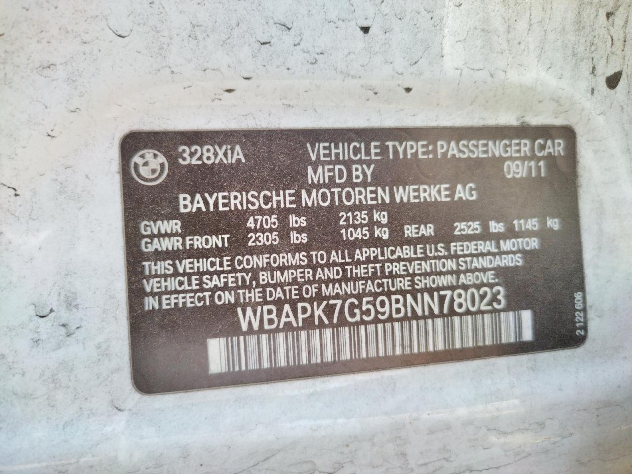 Photo 10 from auction – 2011 BMW 328 XI with VIN WBAPK7G59BNN78023