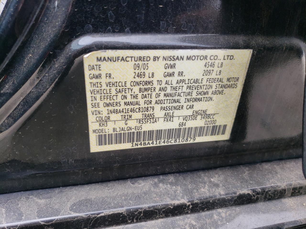 Photo 10 from auction – 2006 NISSAN MAXIMA SE with VIN 1N4BA41E46C810879