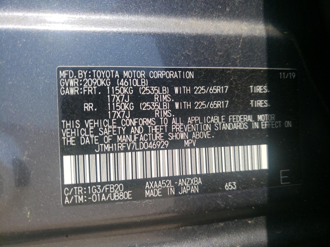 Photo 10 from auction – 2020 TOYOTA RAV4 LE with VIN JTMH1RFV7LD046929