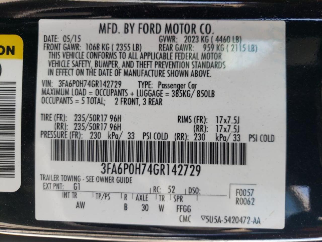 Photo 10 from auction – 2016 FORD FUSION SE with VIN 3FA6P0H74GR142729
