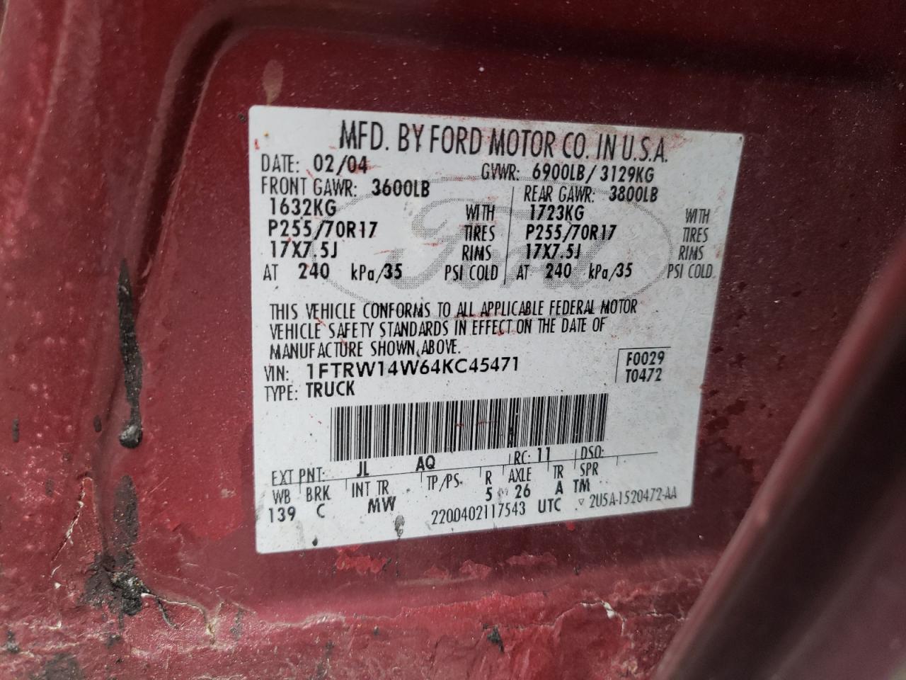 Photo 10 from auction – 2004 FORD F150 SUPER with VIN 1FTRW14W64KC45471