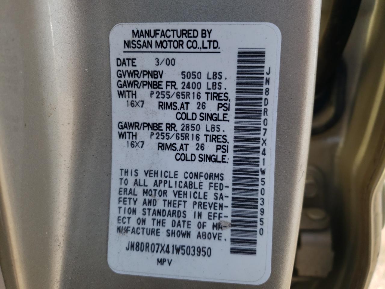 Photo 10 from auction – 2001 NISSAN PATHFINDER with VIN JN8DR07X41W503950