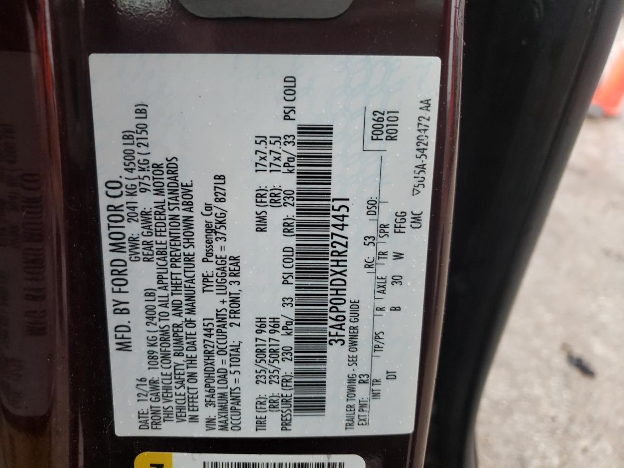 Photo 10 from auction – 2017 FORD FUSION SE with VIN 3FA6P0HDXHR274451