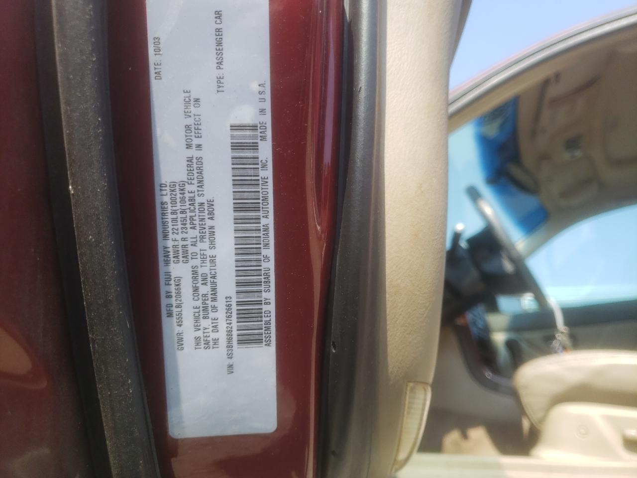 Photo 10 from auction – 2004 SUBARU LEGACY OUT with VIN 4S3BH686247626613