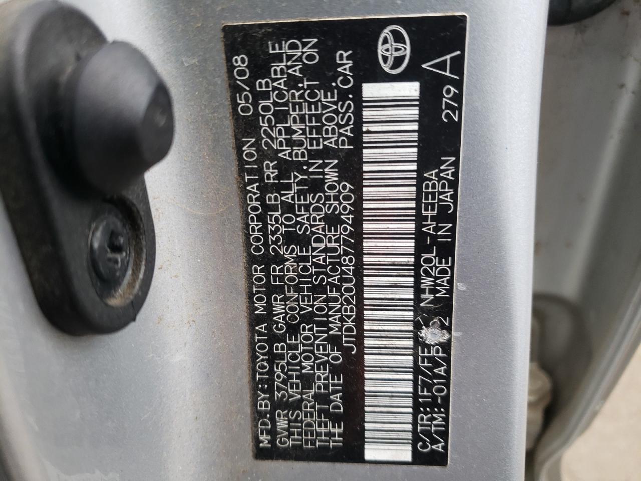 Photo 10 from auction – 2008 TOYOTA PRIUS with VIN JTDKB20U487794909