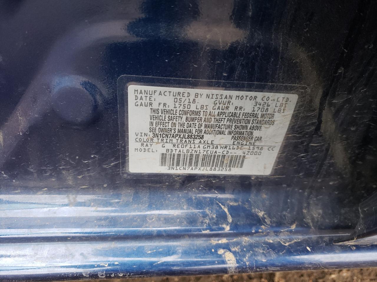 Photo 10 from auction – 2018 NISSAN VERSA S with VIN 3N1CN7APXJL883258