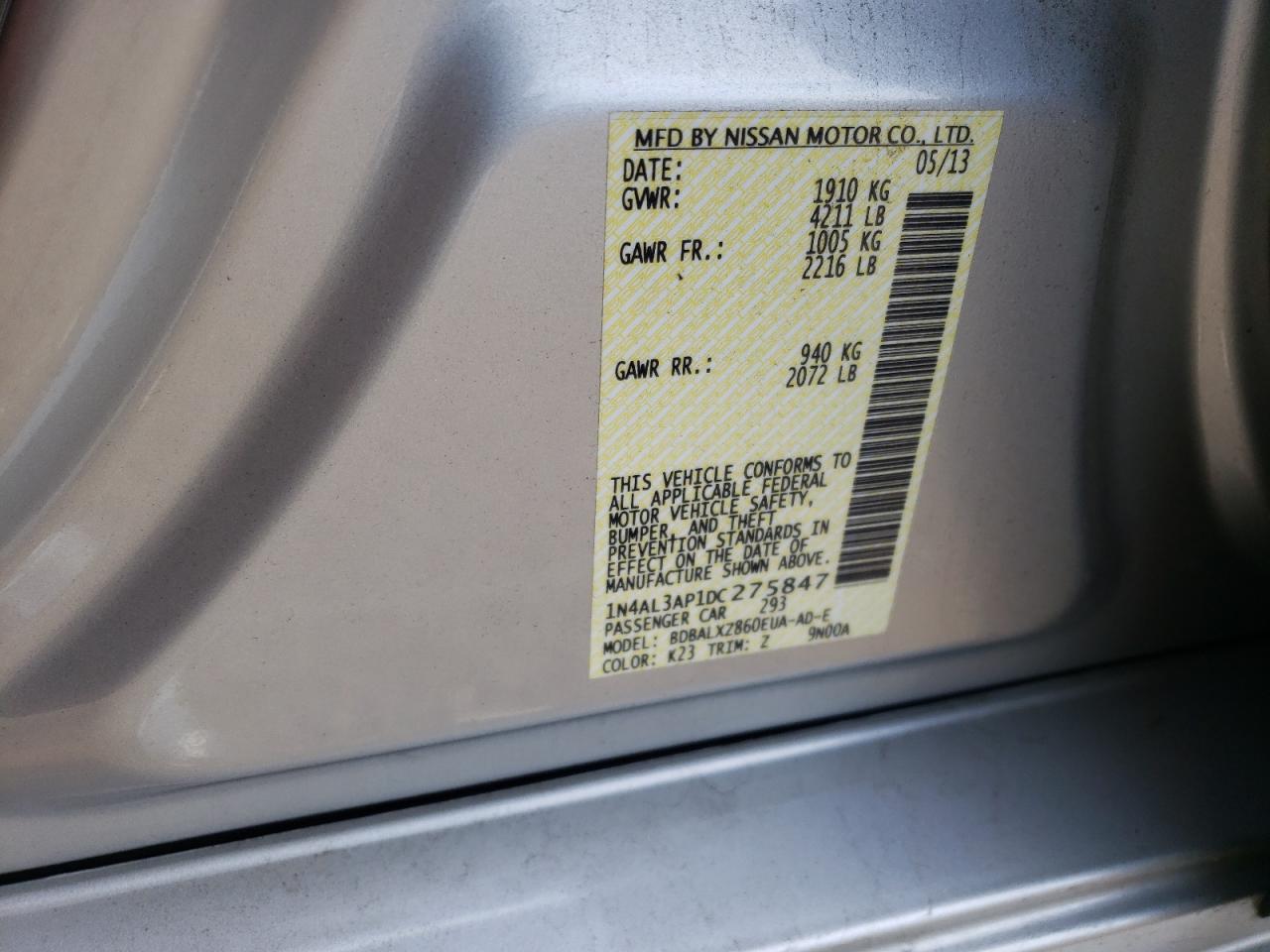 Photo 10 from auction – 2013 NISSAN ALTIMA 2.5 with VIN 1N4AL3AP1DC275847