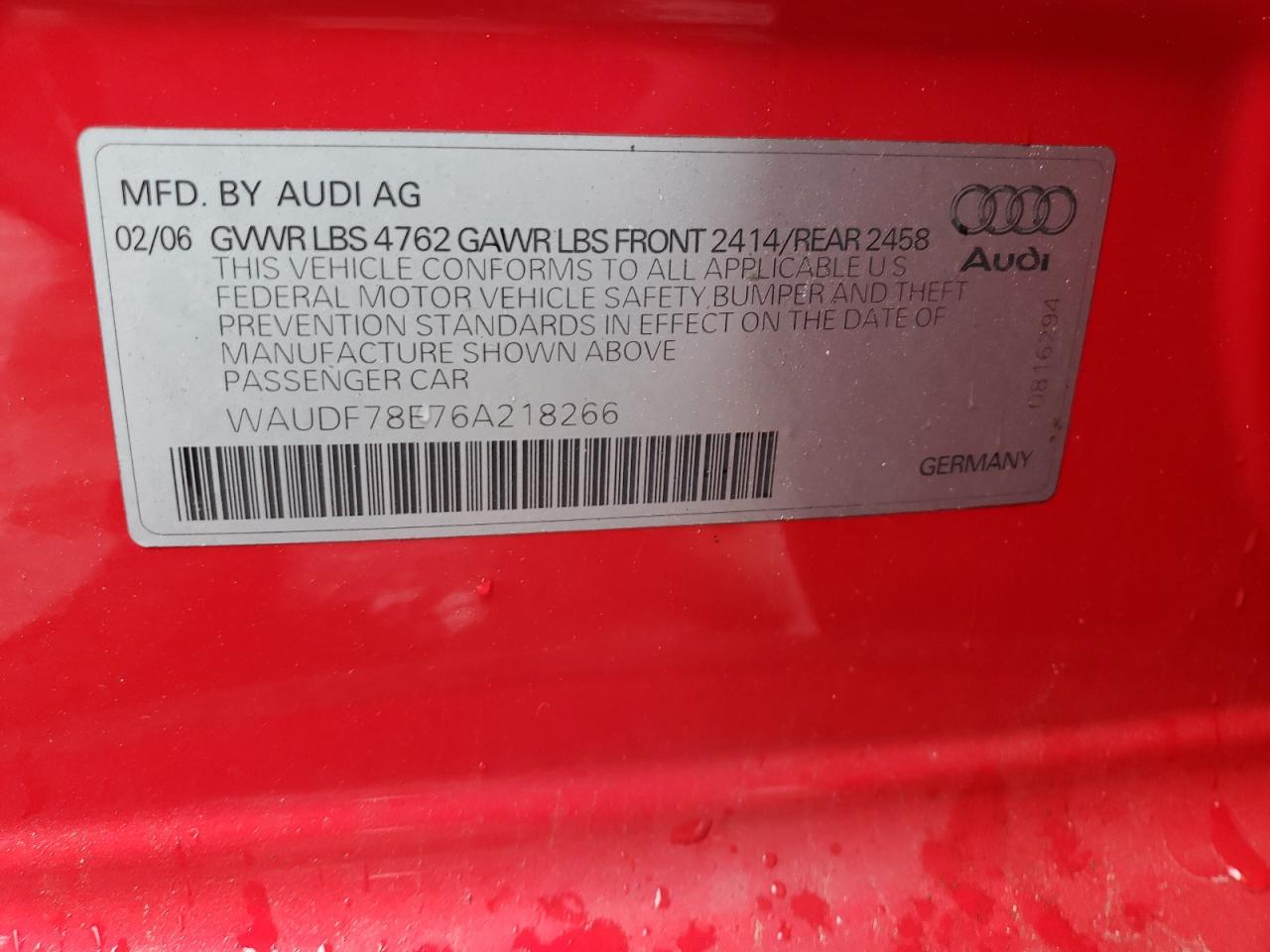 Zdjęcie 10 z aukcji – 2006 AUDI A4 2.0T QU z VIN WAUDF78E76A218266