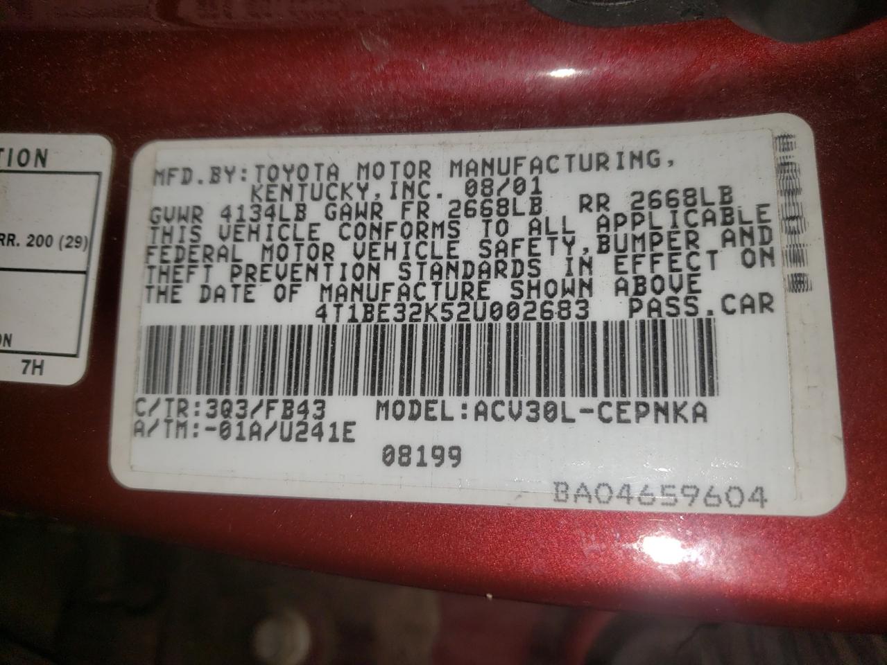 Photo 10 from auction – 2002 TOYOTA CAMRY LE with VIN 4T1BE32K52U002683