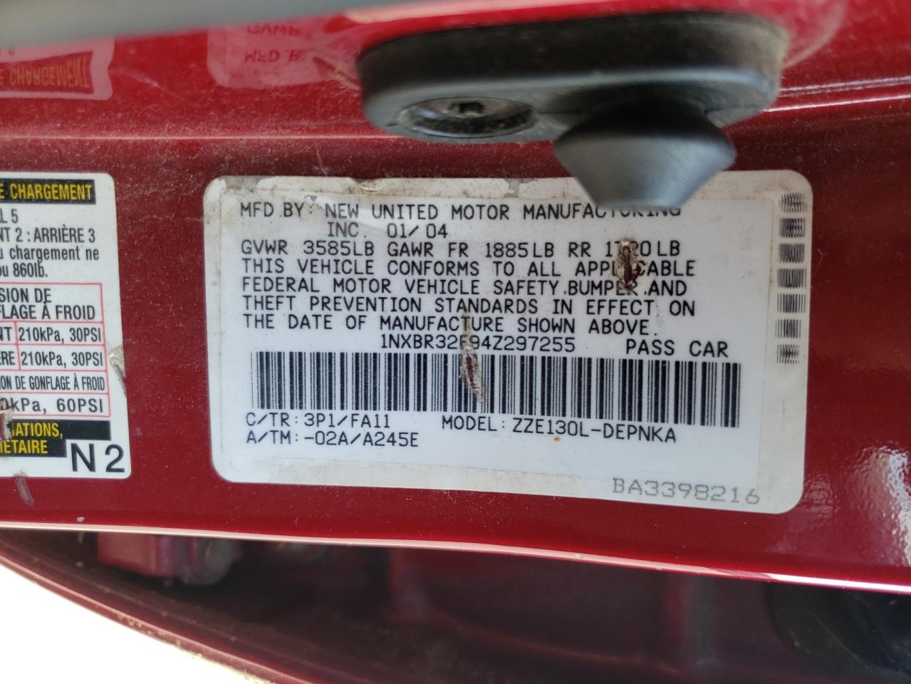 Photo 10 from auction – 2004 TOYOTA COROLLA CE with VIN 1NXBR32E94Z297255