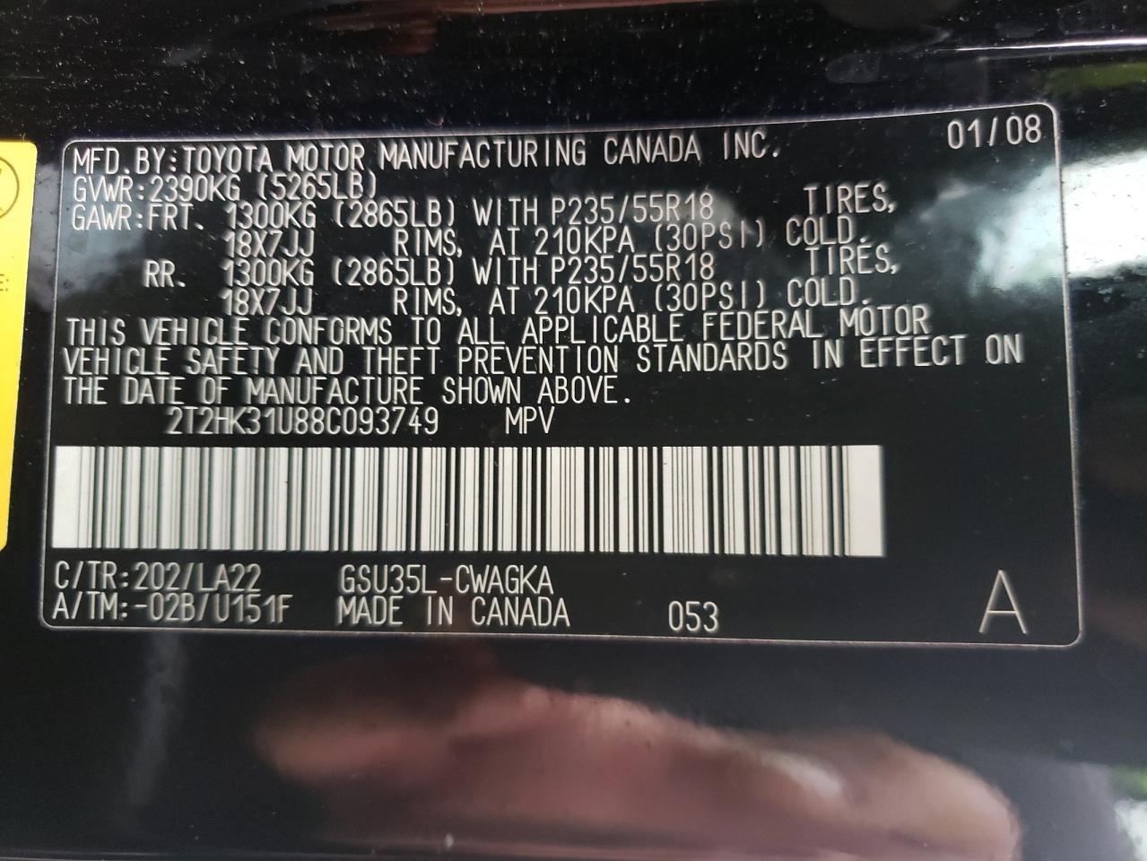 Photo 10 from auction – 2008 LEXUS RX 350 with VIN 2T2HK31U88C093749