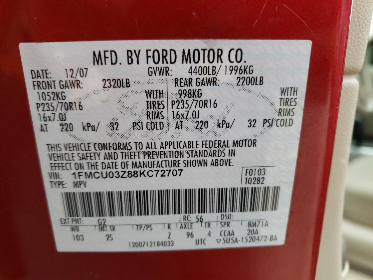 Photo 10 from auction – 2008 FORD ESCAPE XLT with VIN 1FMCU03Z88KC72707