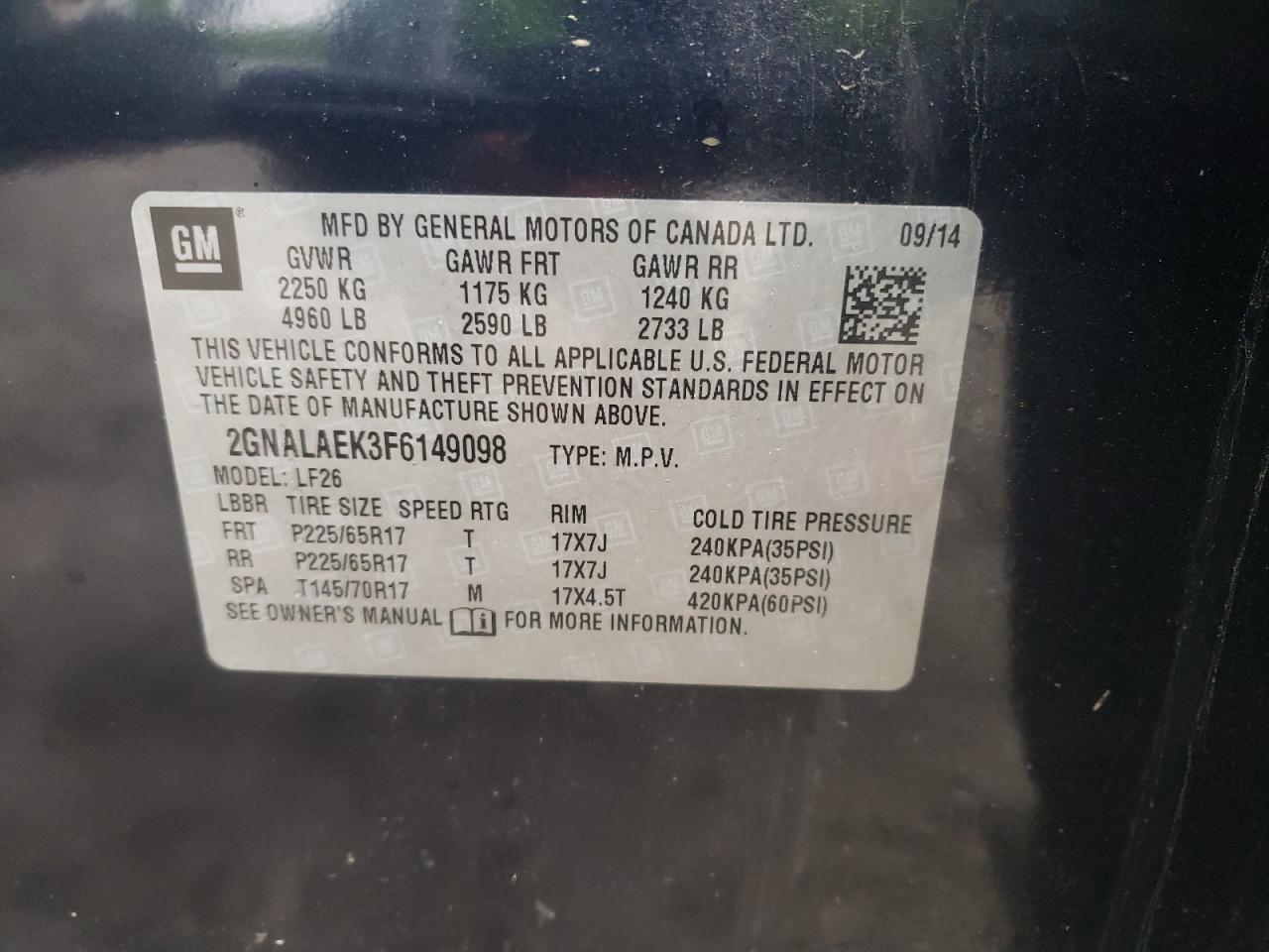 Photo 10 from auction – 2015 CHEVROLET EQUINOX LS with VIN 2GNALAEK3F6149098