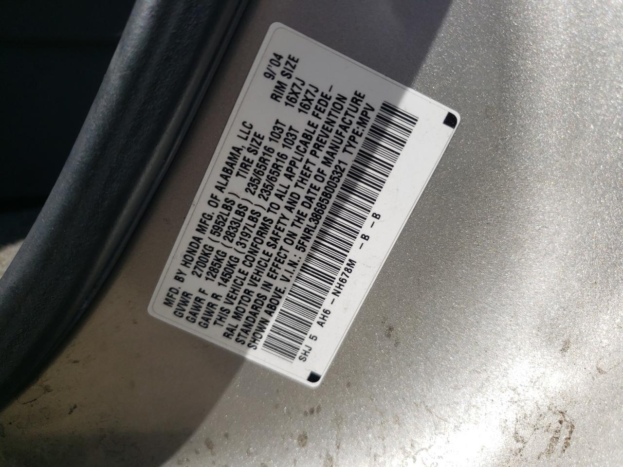 Photo 10 from auction – 2005 HONDA ODYSSEY EX with VIN 5FNRL38685B005321