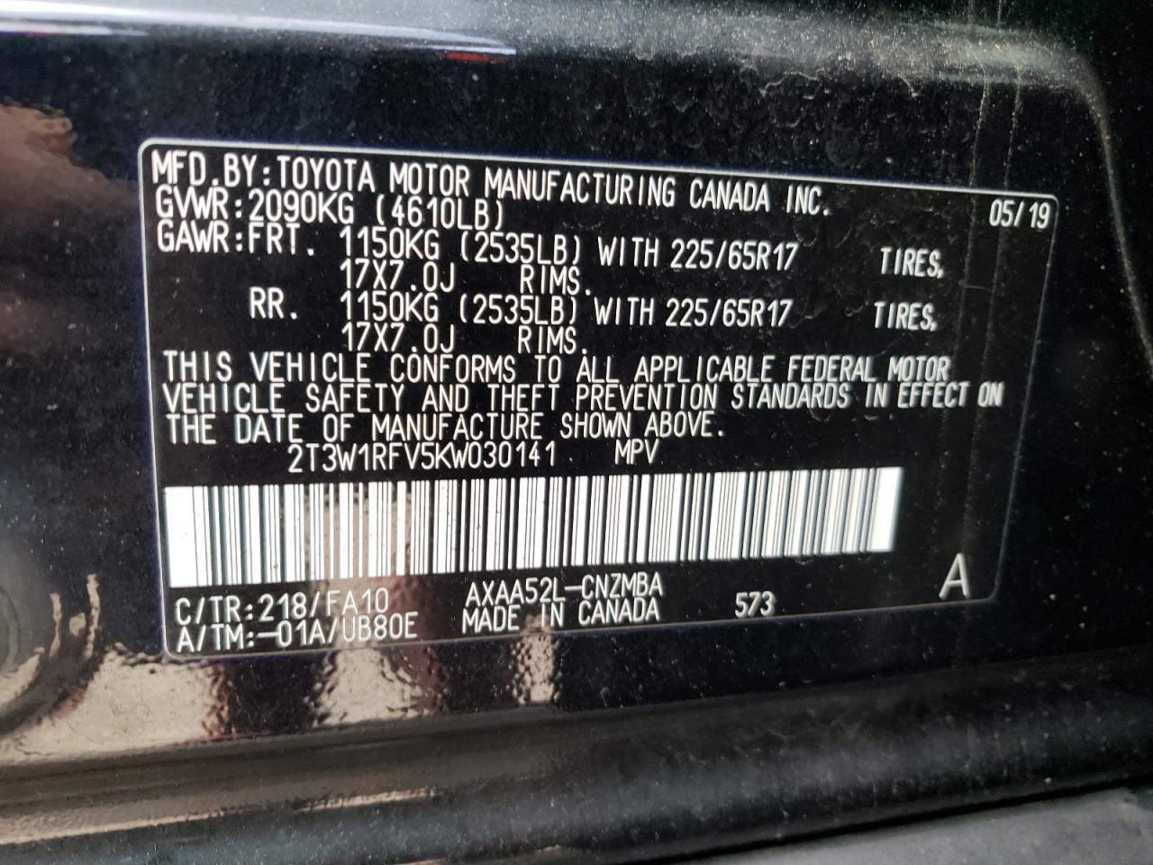 Photo 10 from auction – 2019 TOYOTA RAV4 XLE with VIN 2T3W1RFV5KW030141