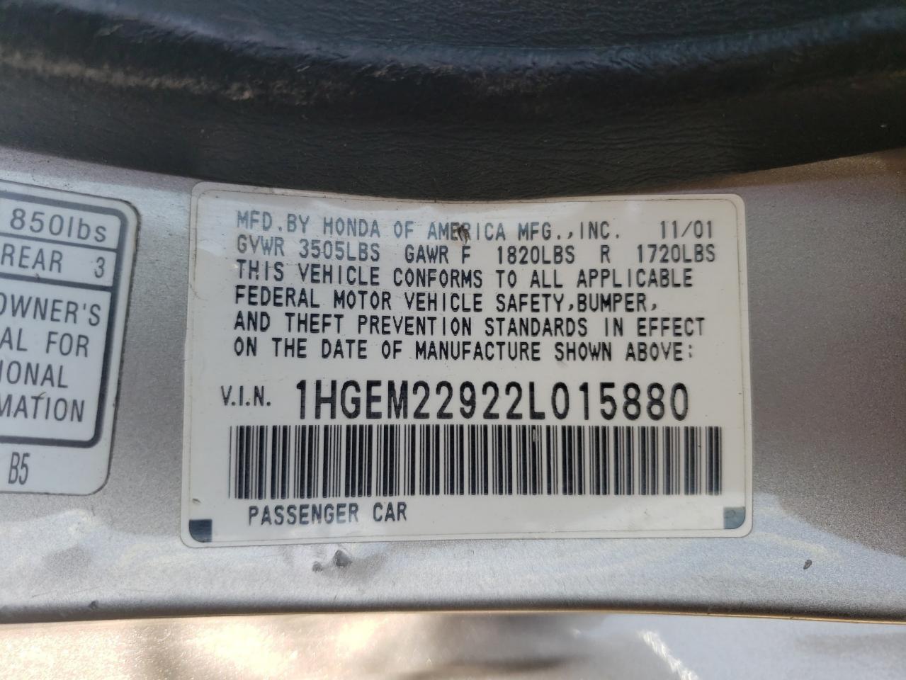 Photo 10 from auction – 2002 HONDA CIVIC EX with VIN 1HGEM22922L015880