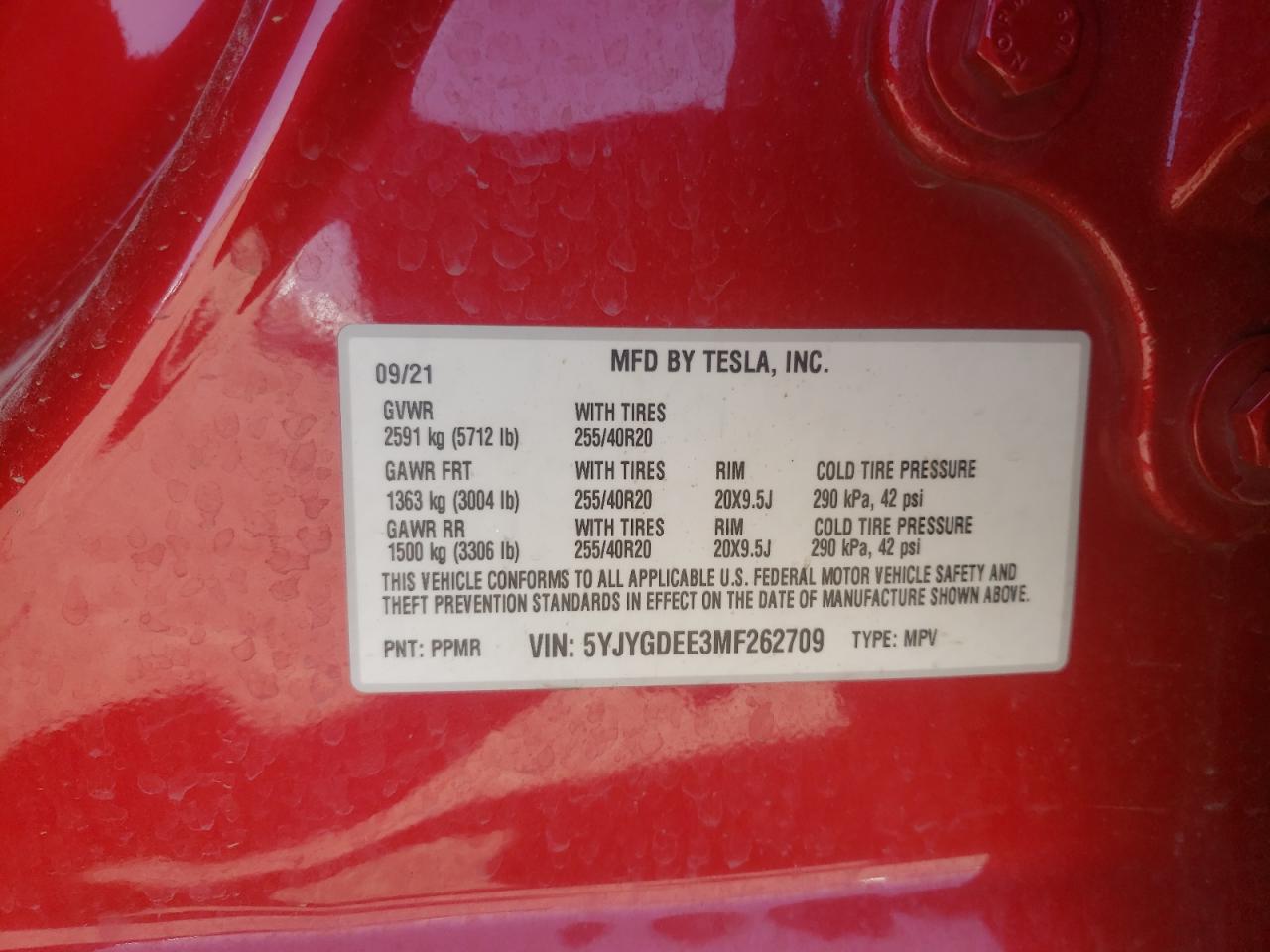 Photo 10 from auction – 2021 TESLA MODEL Y with VIN 5YJYGDEE3MF262709