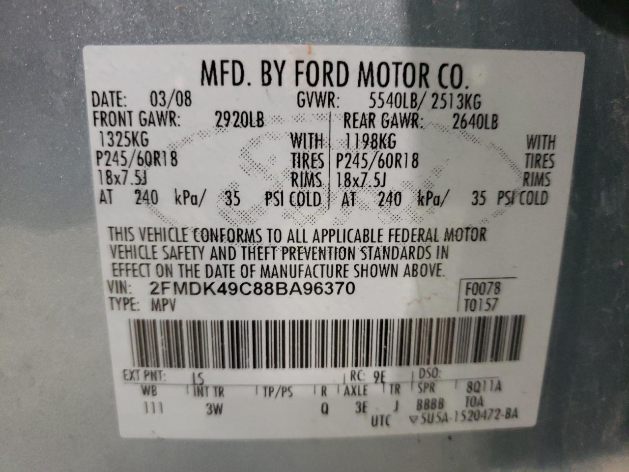 Photo 10 from auction – 2008 FORD EDGE LIMIT with VIN 2FMDK49C88BA96370