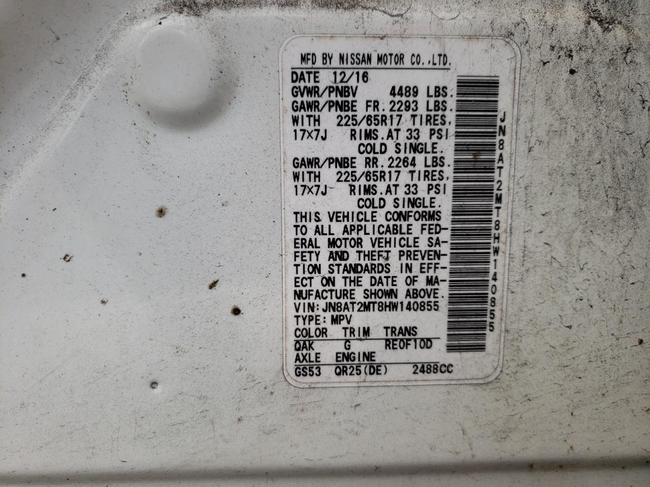 Photo 10 from auction – 2017 NISSAN ROGUE S with VIN JN8AT2MT8HW140855