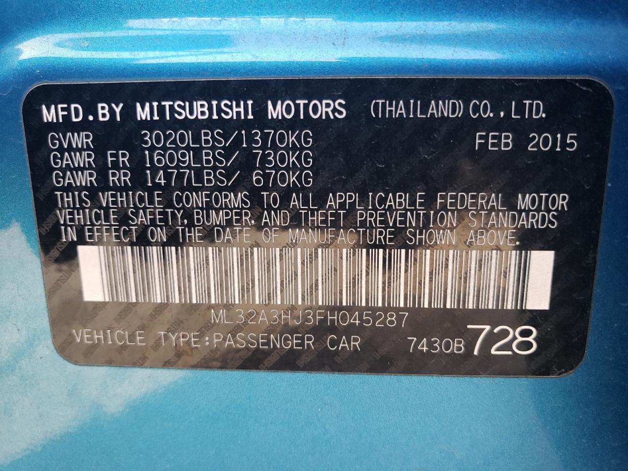 Photo 10 from auction – 2015 MITSUBISHI MIRAGE DE with VIN ML32A3HJ3FH045287