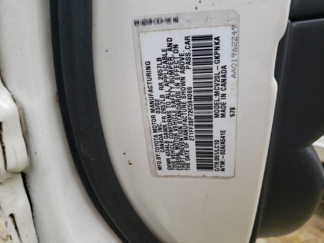Photo 10 from auction – 2002 TOYOTA CAMRY SOLA with VIN 2T1FF28P72C594066