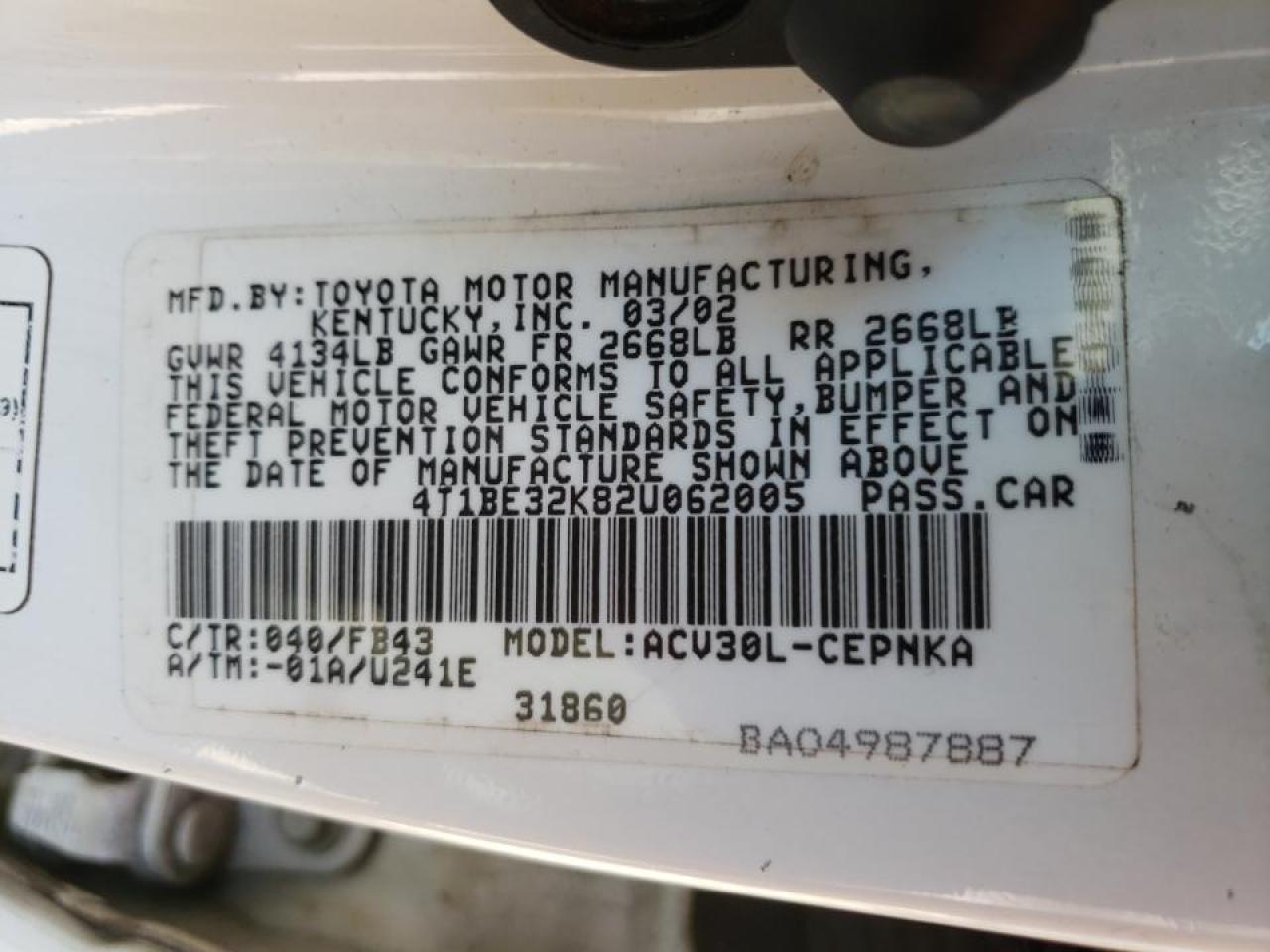 Photo 10 from auction – 2002 TOYOTA CAMRY LE with VIN 4T1BE32K82U062005