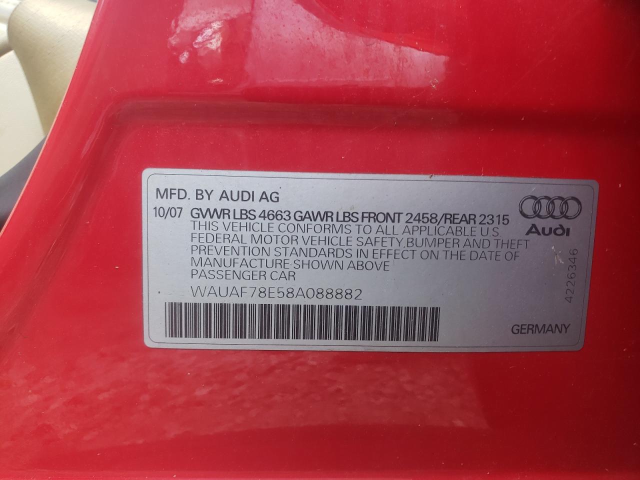 Photo 10 from auction – 2008 AUDI A4 with VIN WAUAF78E58A088882
