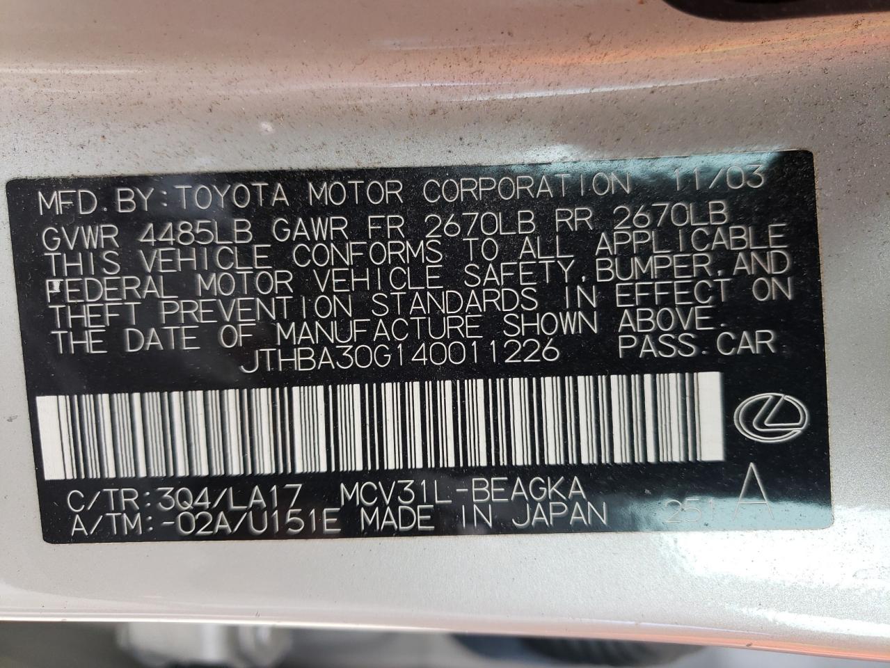 Photo 10 from auction – 2004 LEXUS ES 330 with VIN JTHBA30G140011226