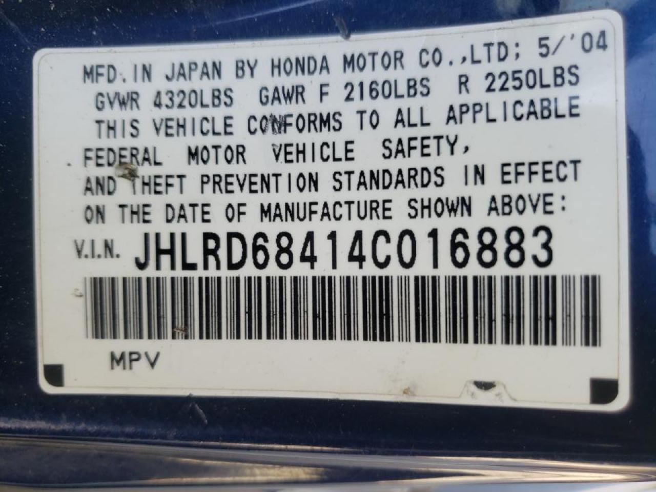 Photo 10 from auction – 2004 HONDA CR-V LX with VIN JHLRD68414C016883