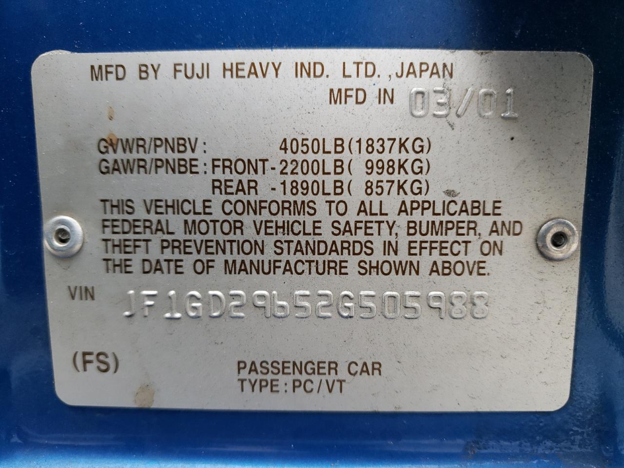 Photo 10 from auction – 2002 SUBARU IMPREZA WR with VIN JF1GD29652G505988