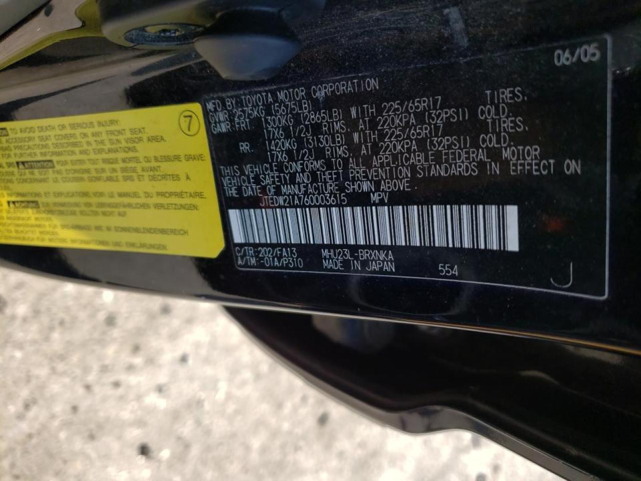 Photo 10 from auction – 2006 TOYOTA HIGHLANDER with VIN JTEDW21A760003615
