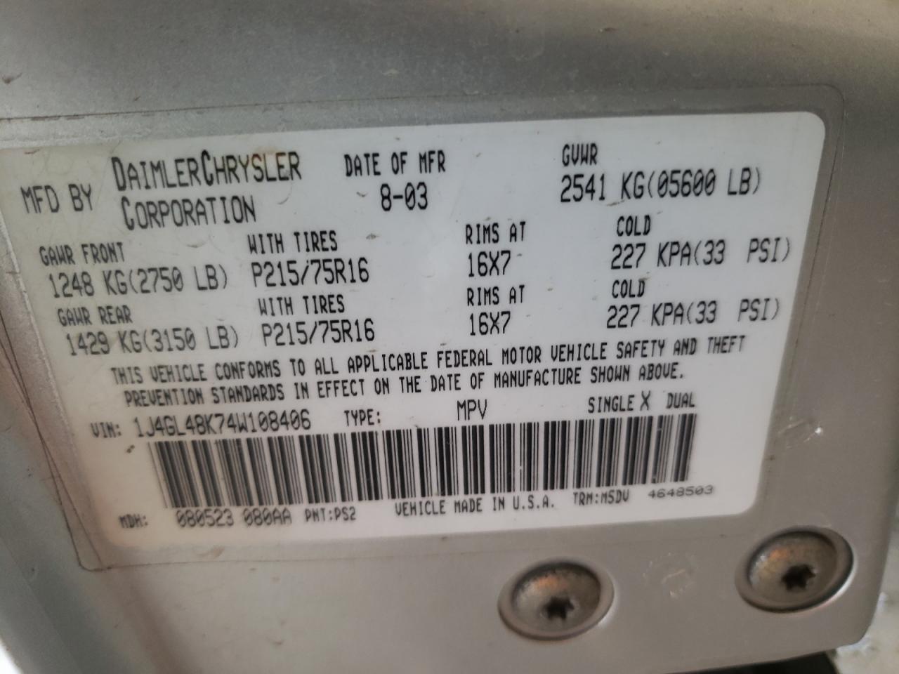 Photo 10 from auction – 2004 JEEP LIBERTY SP with VIN 1J4GL48K74W108406