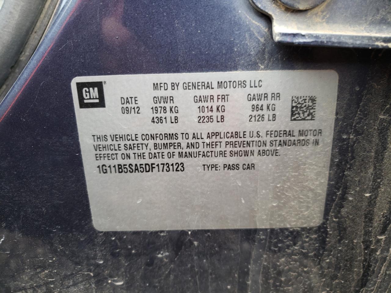 Photo 10 from auction – 2013 CHEVROLET MALIBU LS with VIN 1G11B5SA5DF173123
