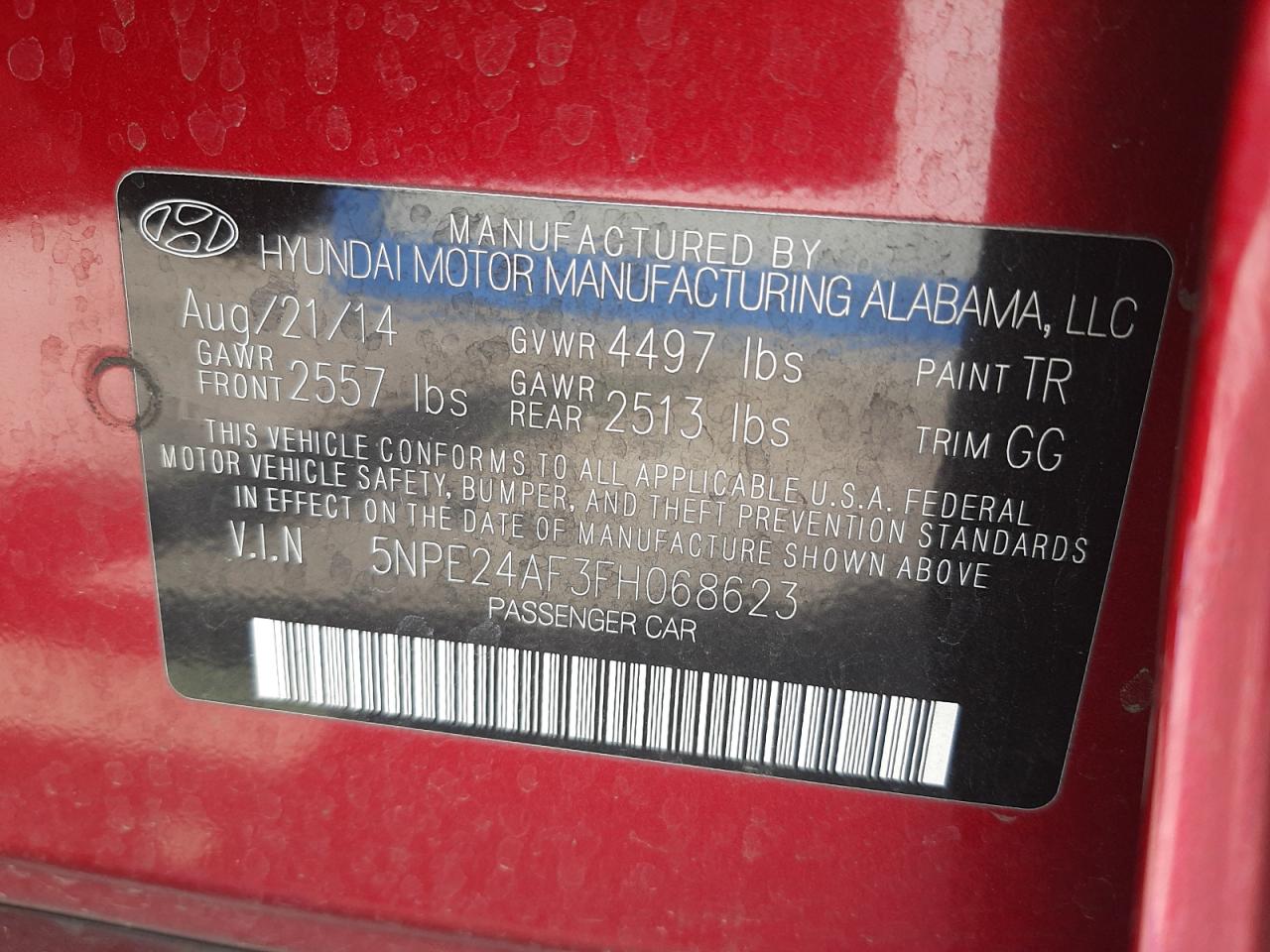 Photo 10 from auction – 2015 HYUNDAI SONATA SE with VIN 5NPE24AF3FH068623