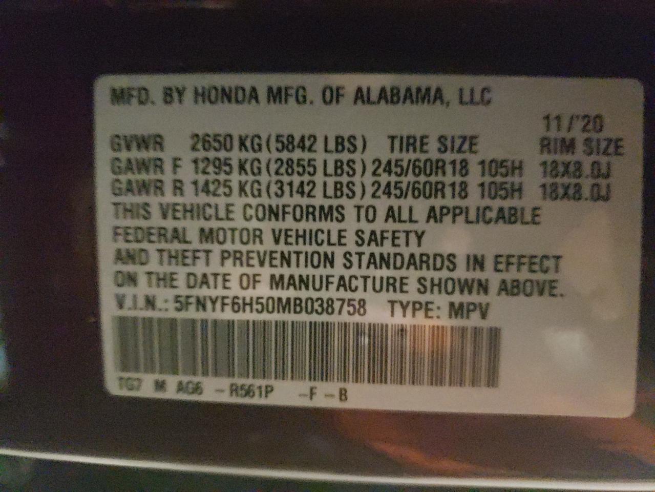 Photo 10 from auction – 2021 HONDA PILOT EXL with VIN 5FNYF6H50MB038758