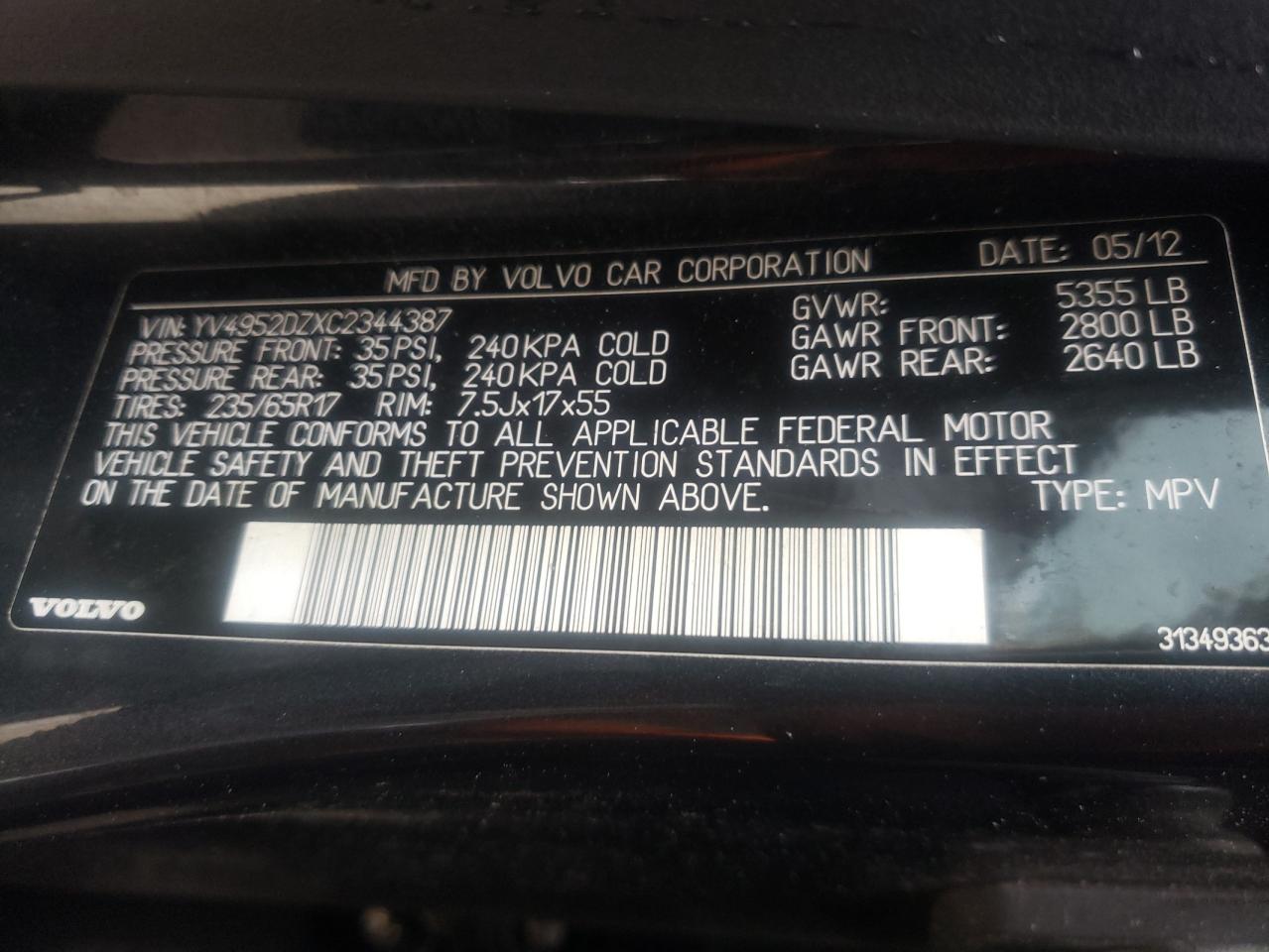 Photo 10 from auction – 2012 VOLVO XC60 3.2 with VIN YV4952DZXC2344387