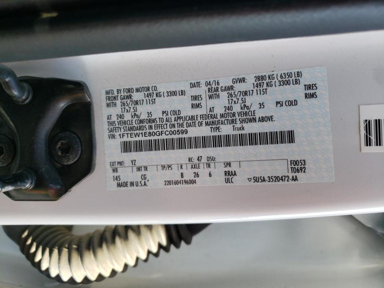 Photo 10 from auction – 2016 FORD F150 SUPER with VIN 1FTEW1E80GFC00599