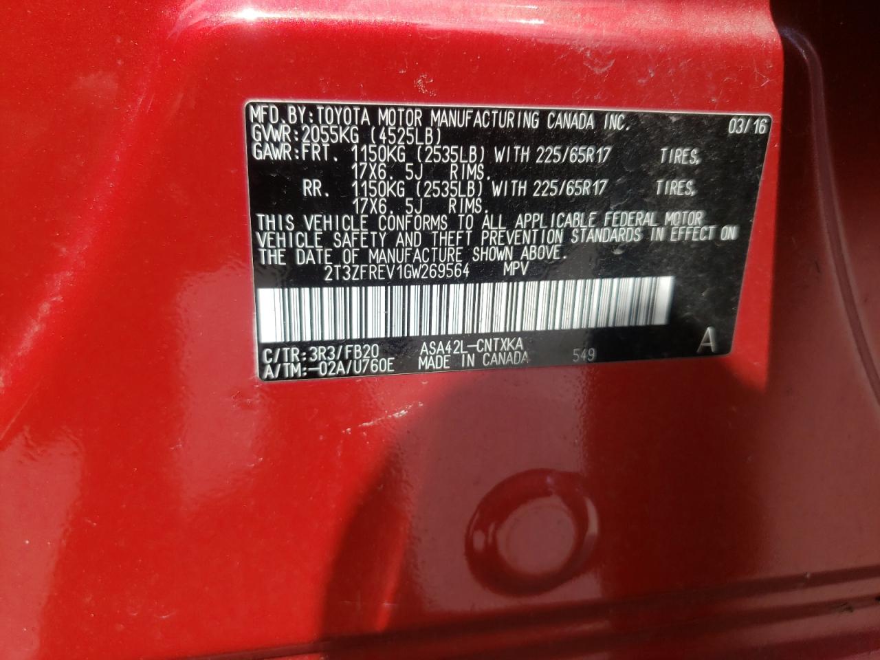 Photo 10 from auction – 2016 TOYOTA RAV4 LE with VIN 2T3ZFREV1GW269564