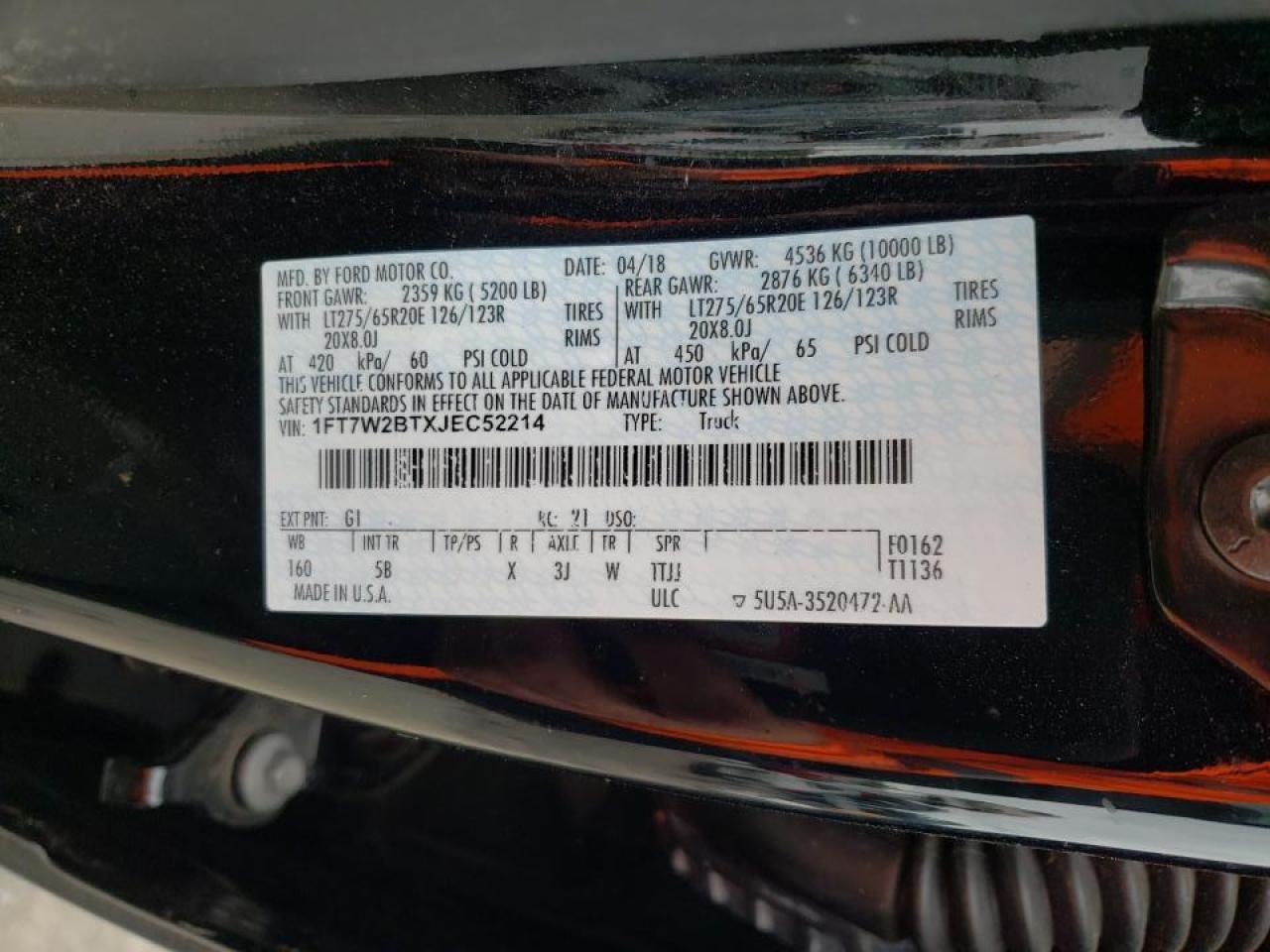 Photo 10 from auction – 2018 FORD F250 SUPER with VIN 1FT7W2BTXJEC52214